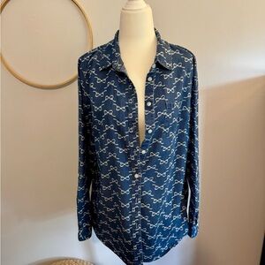 Vintage Kim Rogers-L-Blue with White Bows Long Sleeve, Button-Up Chambray Blouse